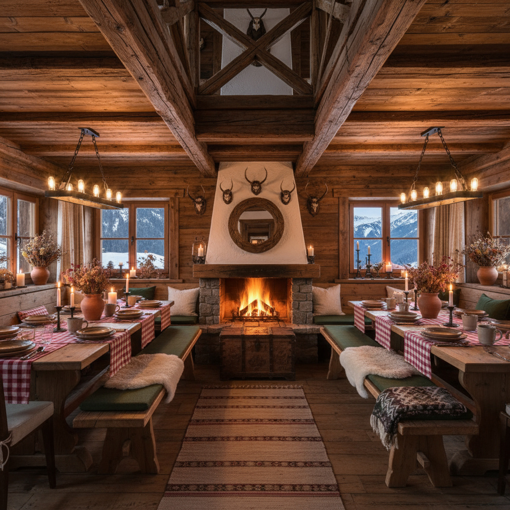 Gemütlicher Gastraum mit Holz und Kamin