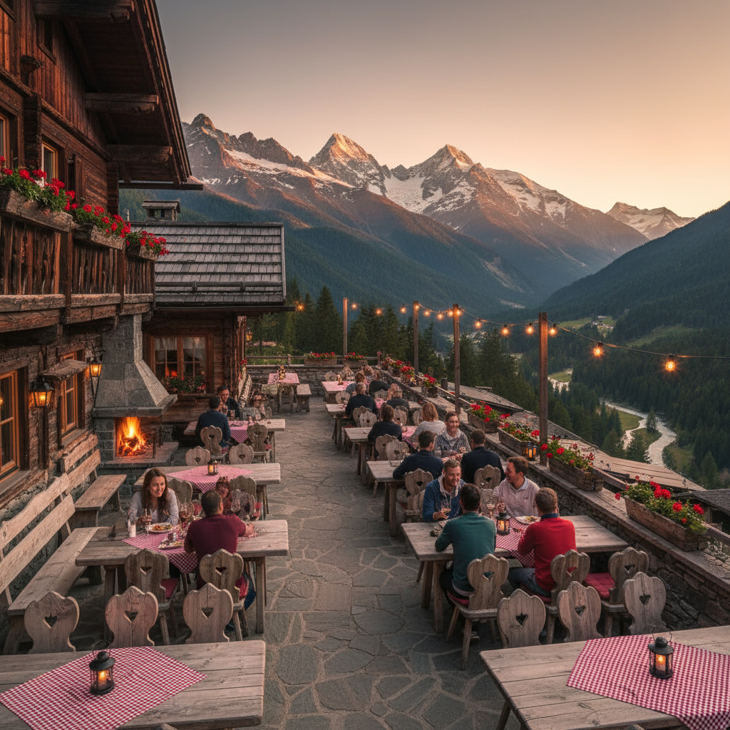 Terrasse mit Panoramablick auf die Alpen