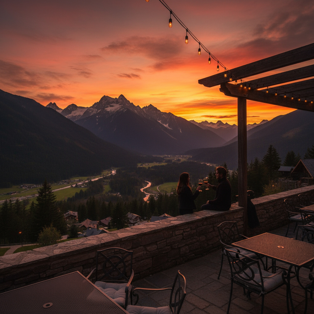 Sonnenuntergang über einem Alpendal von der Terrasse